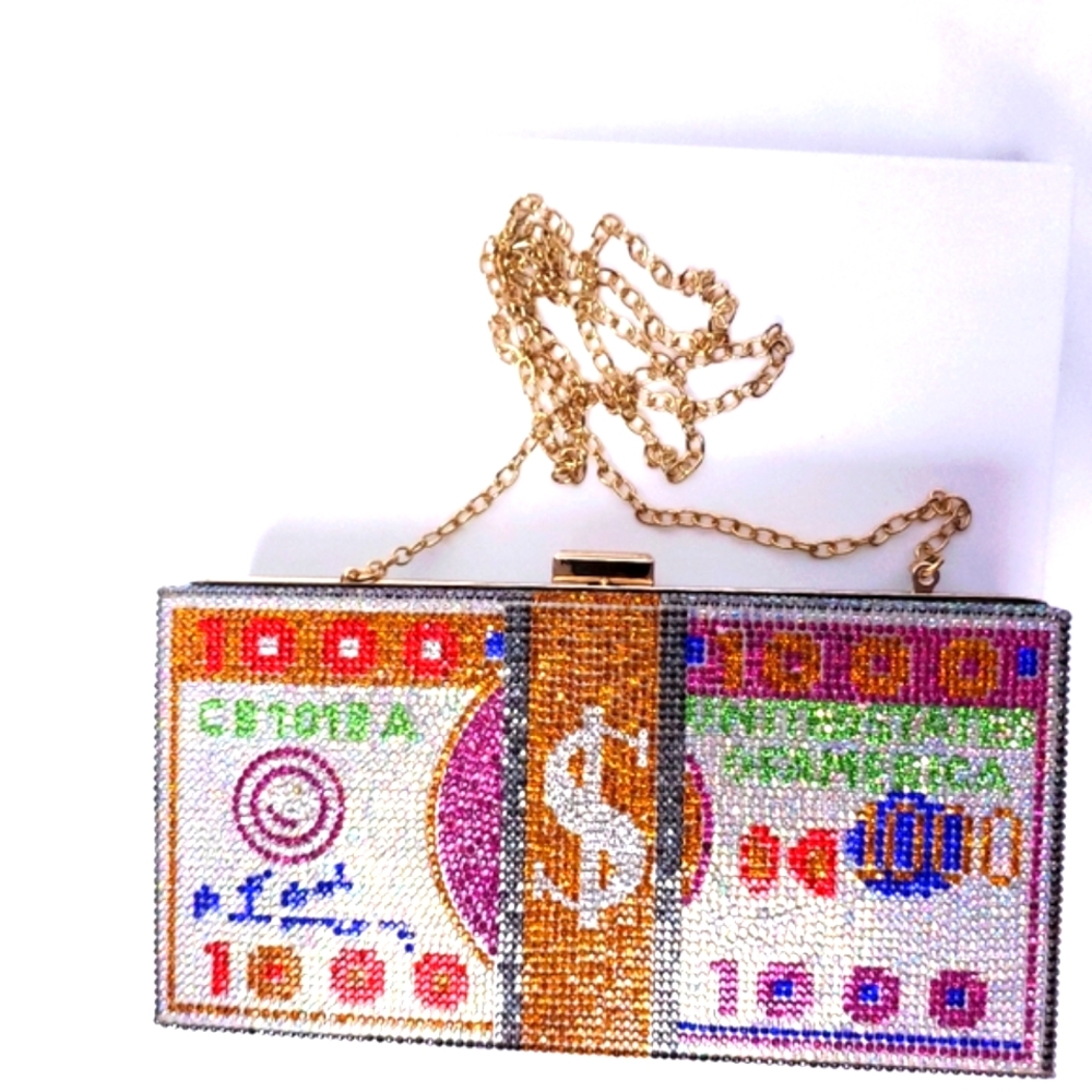 Money Bling Rhinestone Hard Case Clutch - Picture 8 of 15